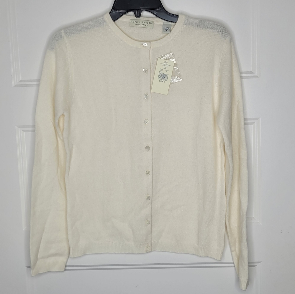 NWT Lord & Taylor women's cashmere cardigan sweater in white, size Small